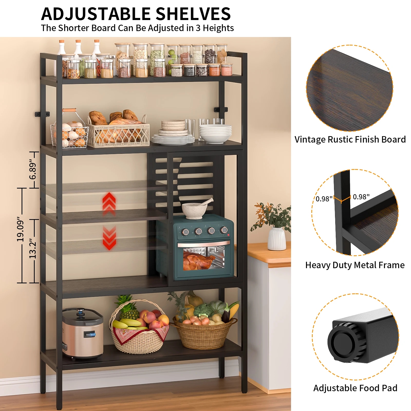 Rak Roti Besar dengan Lemari Atas, Lebar 40 inci, Rak Roti 5 Tingkat untuk Dapur dengan Penyimpanan, Rak Microwave Industrial, Rak Kopi