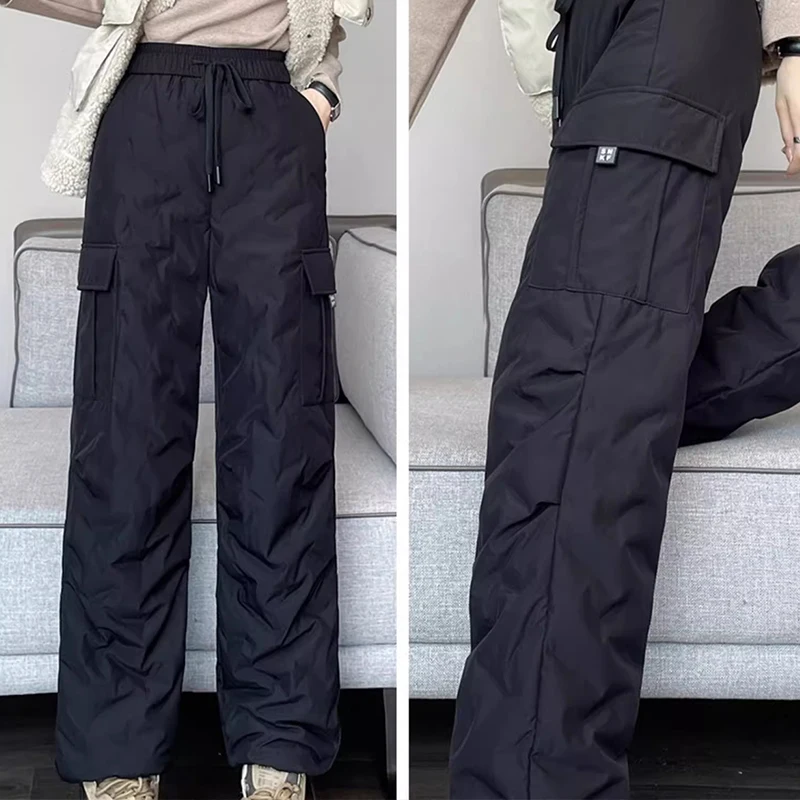 Women Thicken Warm Down Cotton Trousers Winter Outerwear Work Cargo Pants Snow Wear Bloomer Windproof Quilted Harem Pants