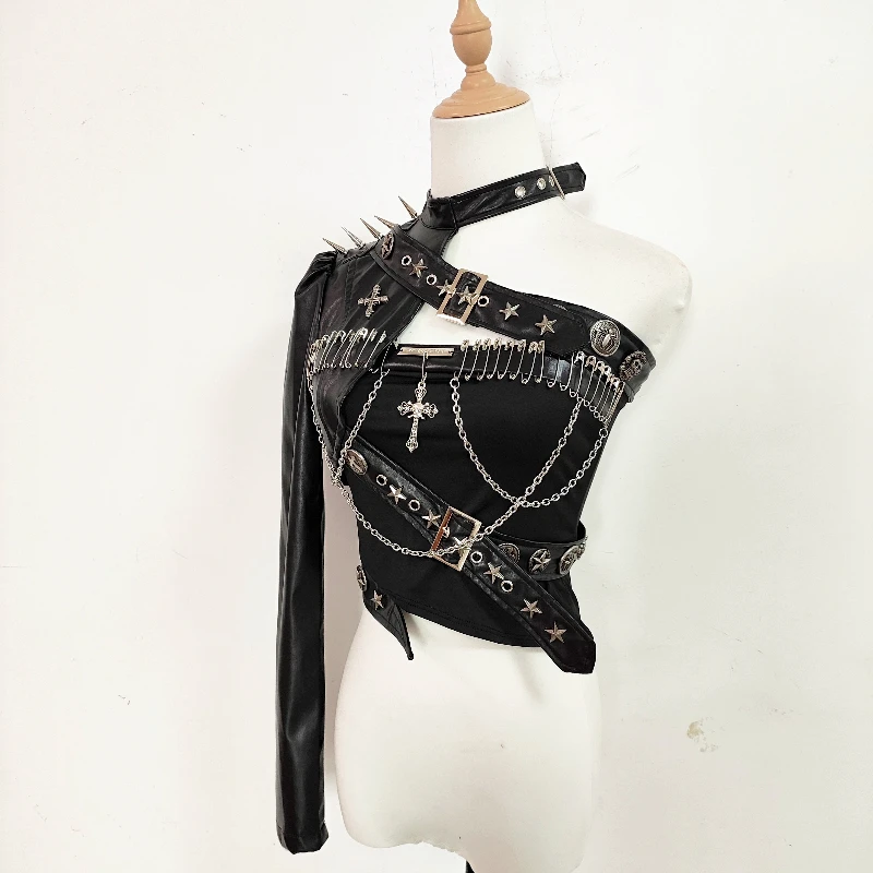 European American Punk Leather Rivet Single Shoulder Sleeve Women's Coat Original Sexy Bead Chain Off-Shoulder Tube Top Ladies