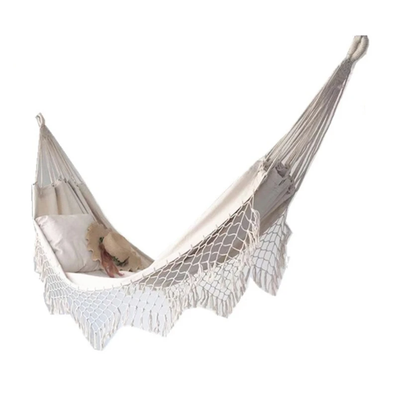 Bohemian Macrame Double Hammock Woven Fringe Tassels Canvas Large Hanging Swing Bed Chair for Beach Yard Bedroom Patio Porch