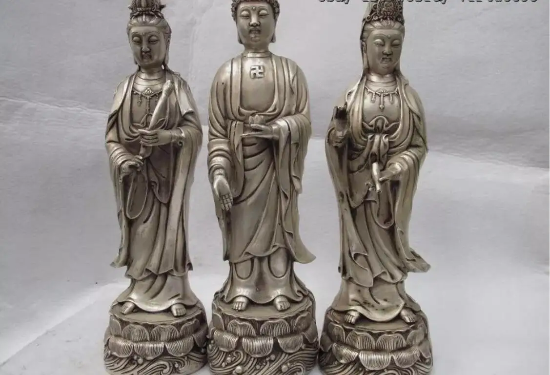 Tibet Buddhism Temple white Copper Bronze Silver Three Saints of the West Statue