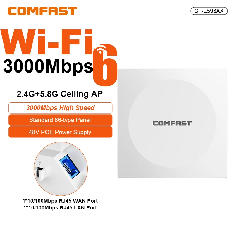 

WiFi6 AX3000 Настенная точка доступа 2,4G + 5,8G 48 В Беспроводной маршрутизатор с питанием от POE 2*1000 м портов RJ45 для установки отеля/офиса/школы
