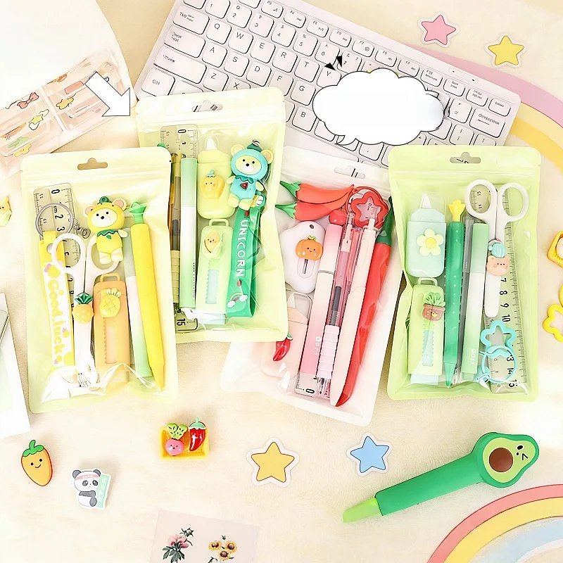 New Product Set: Creative Series of Cute Stationery Sets with Vegetables and Fruits, Including Gel Pens, Rulers, Eraser Keychains, Utility Knives, Cutting Scissors, High-Quality Study Supplies, Student Reward Gifts, DIY Journaling and Party Supplies