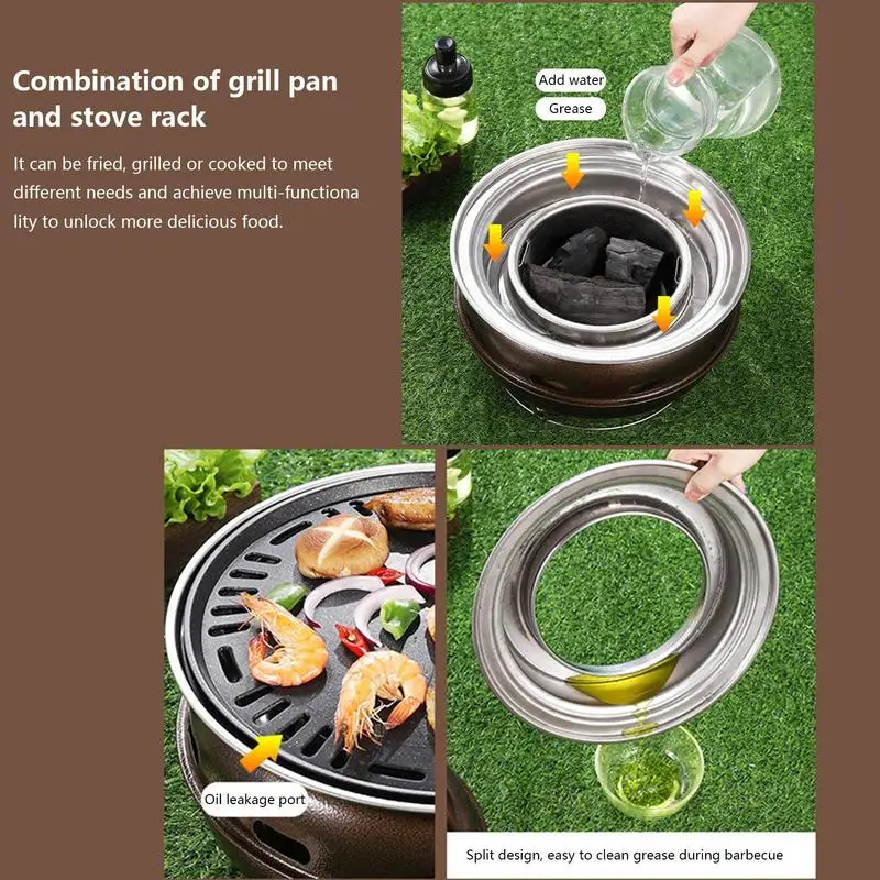 Camping Grill Stove Stainless Steel Korean Charcoal Barbecue Grill Round Charcoal Barbecue Stove Set for Outdoor Cooking