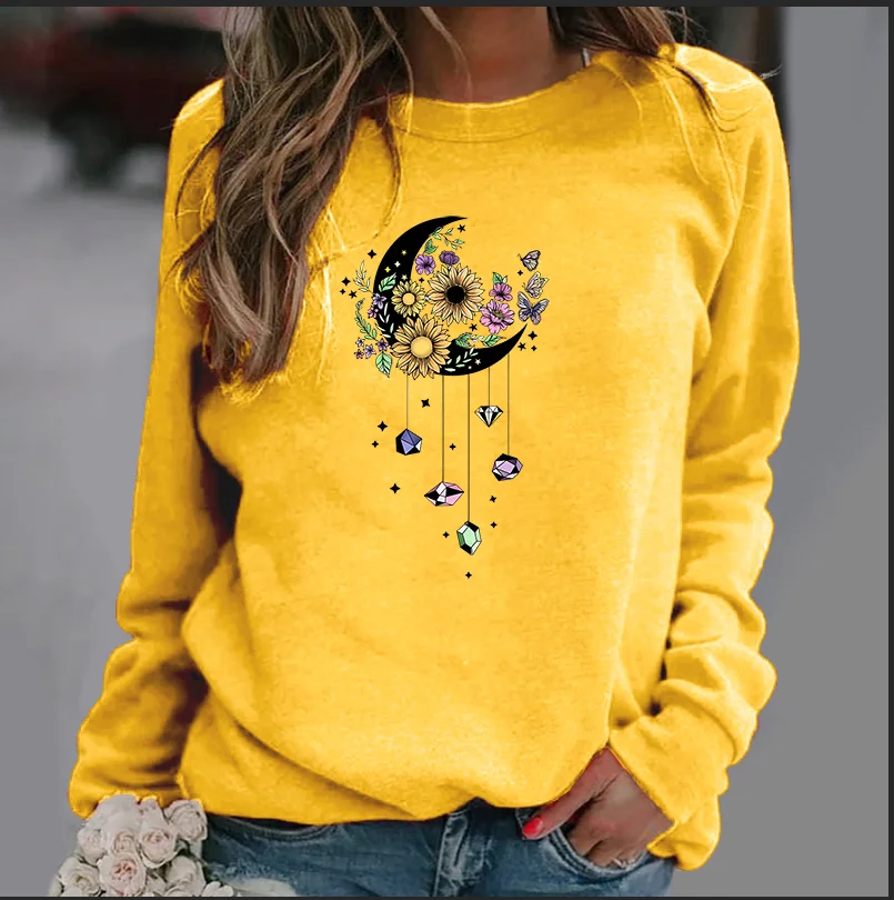 New Women's Hoodie European Moon Flower Printed Crew-neck Hoodie Sweatshirt  Streetwear Women Aesthetic