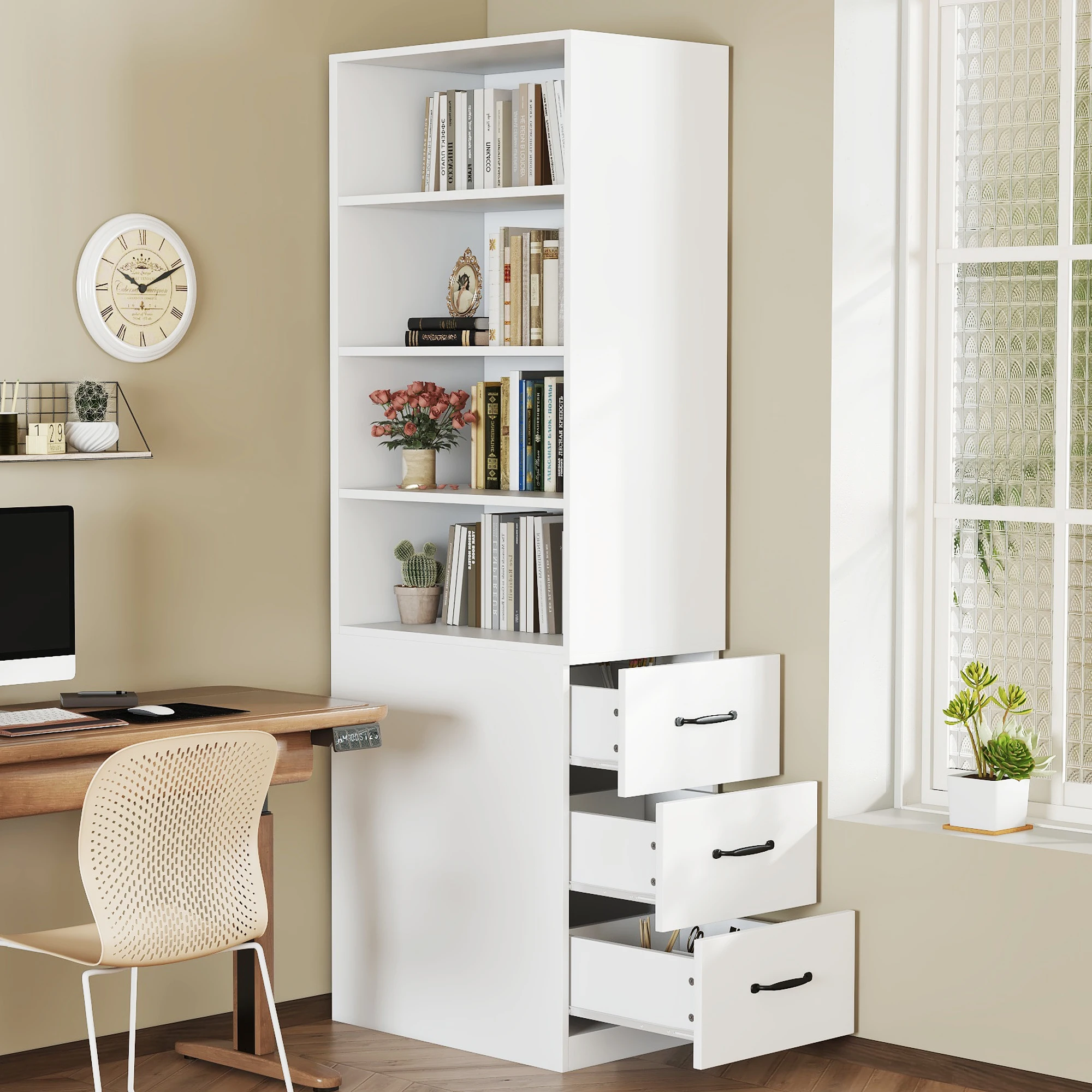 Schmales Bücherregal, 60 x 38 x 180 cm, drei seitliche Schubladen, verstellbare Regale, Sideboard, Hochregal, MDF, modern, minimalistisch