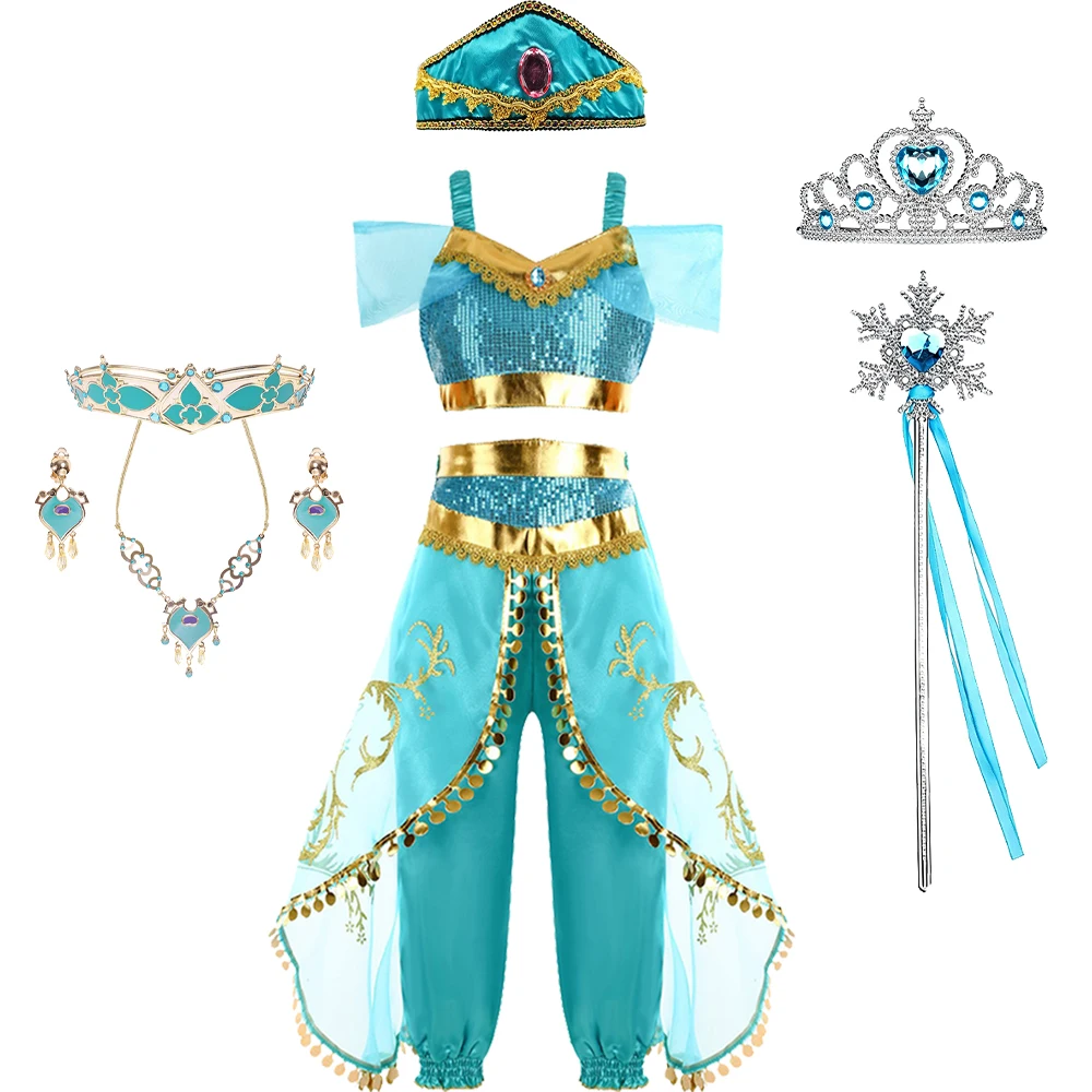 Blaues Arabisches Prinzessinnen-Tanzkostüm-Set für Kinder, Halloween, Weihnachten, Karneval, Geburtstag, Cosplay – Detail 11