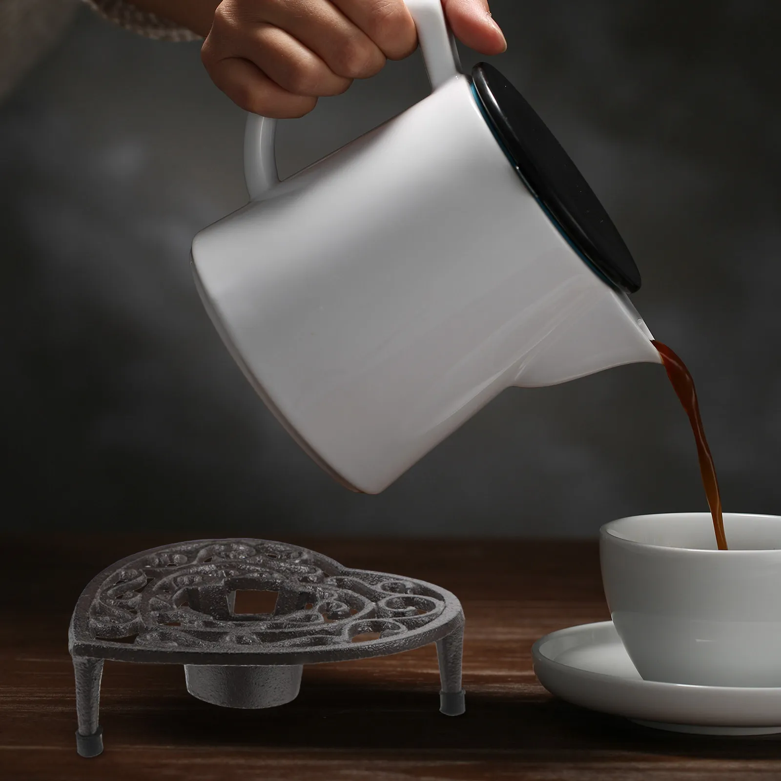 Cast Iron Teapot Warmer Tripod Stand for Tea Coffee Milk Heating Rustic Heart-Shaped Hollow Design Heat Retention Decorative