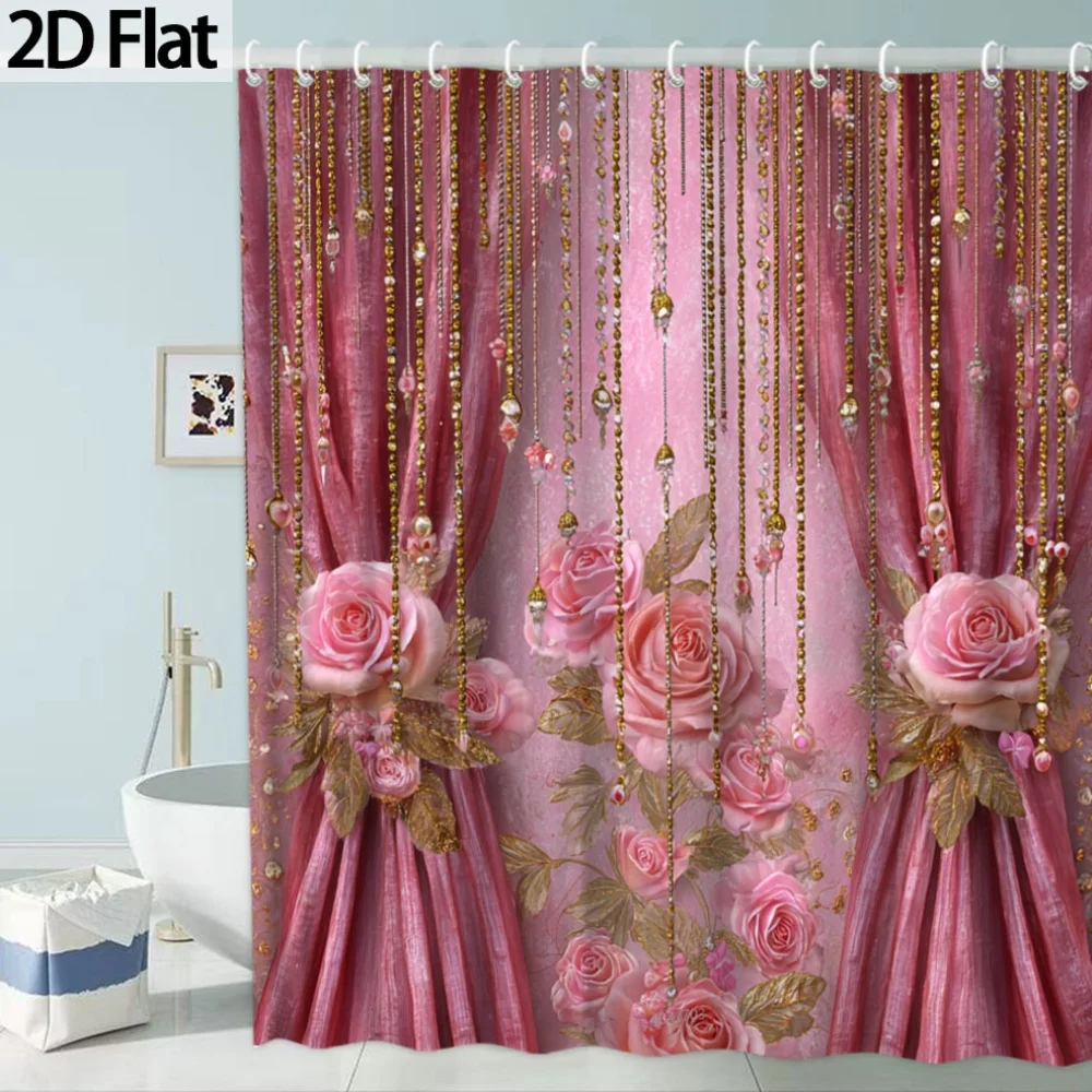 Elegant Pink Rose Shower Curtain with Gold Tassel Trim Bathroom Shower Curtain Waterproof Curtain Liner
