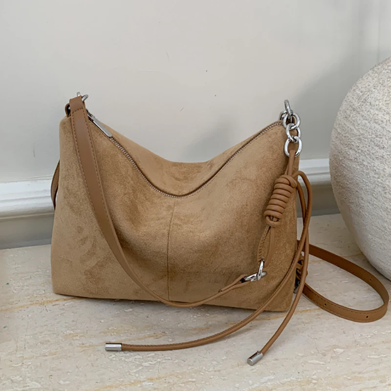 

Замшевая сумка через плечо в стиле ретро, женская большая вместительная сумка через плечо на молнии, осенне-зимняя модная квадратная сумка цвета хаки
