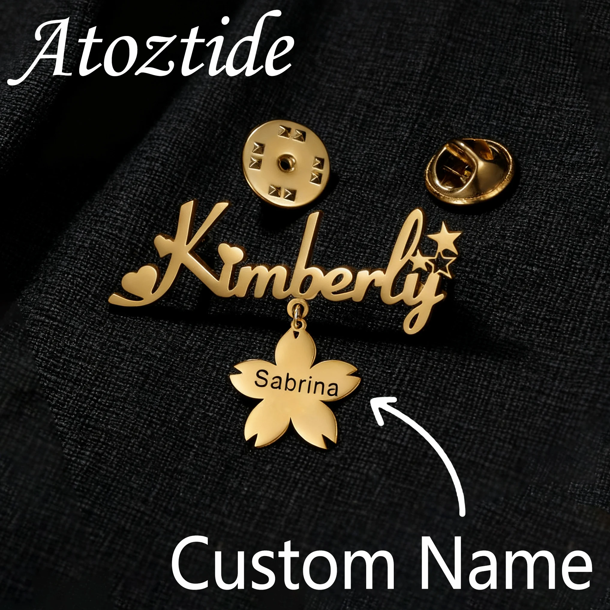 

Atoztide Custom Name Brooch For Women Hollow Nameplate Stainless Steel Jewelry Heart Wedding Lapel Pins Brooch Personalized Gift