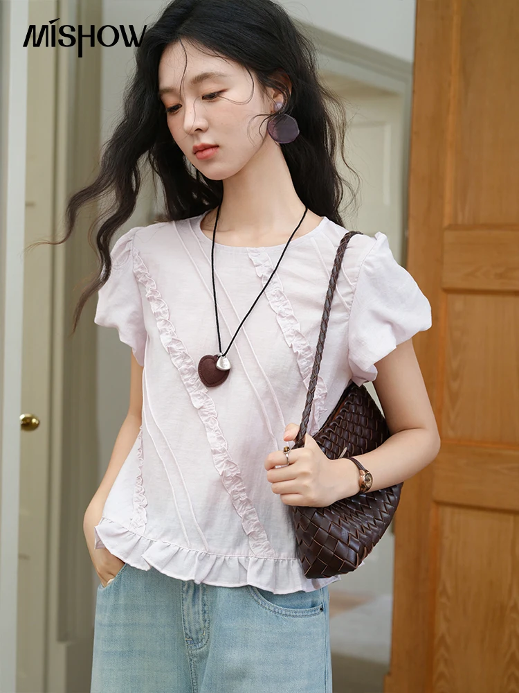 MISHOW Fashion Fungus Edge Puff Sleeve Blouses for Woman 2025 Summer O-Neck French Sweet Loose Top Ladies Clothing MXE39X1941