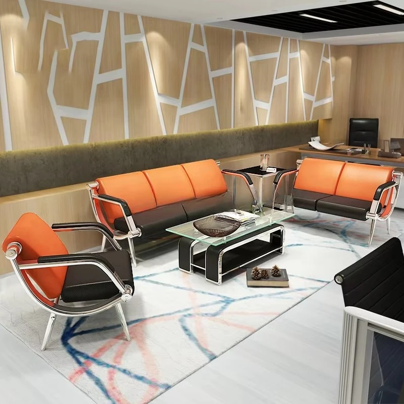 Cheap Modern Office Furniture Leather Metal Frame Orange and Black Sectional Office Sofa Set