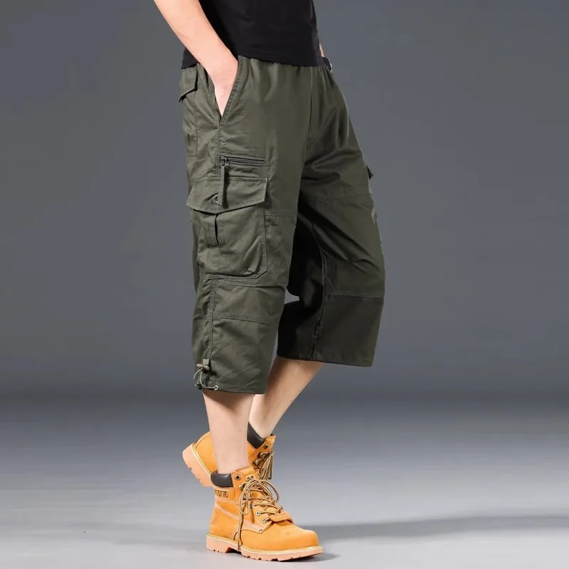 Summer Men's Loose Cargo Shorts Tactical Capri Trousers Elastic Waist plus Size Casual below Knee Outdoor Jogging Pants view 4
