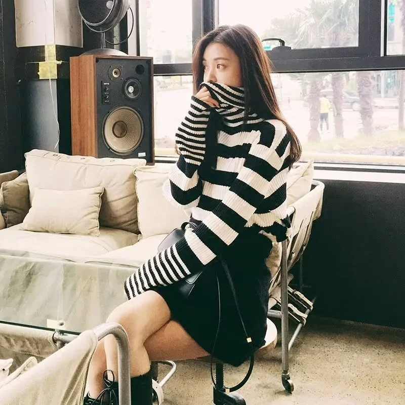 Korean Style High Neck Striped Bottom Sweater Autumn New Style Women\'s Inner Knitted Sweater Outer Top Trend Women\'s clothing