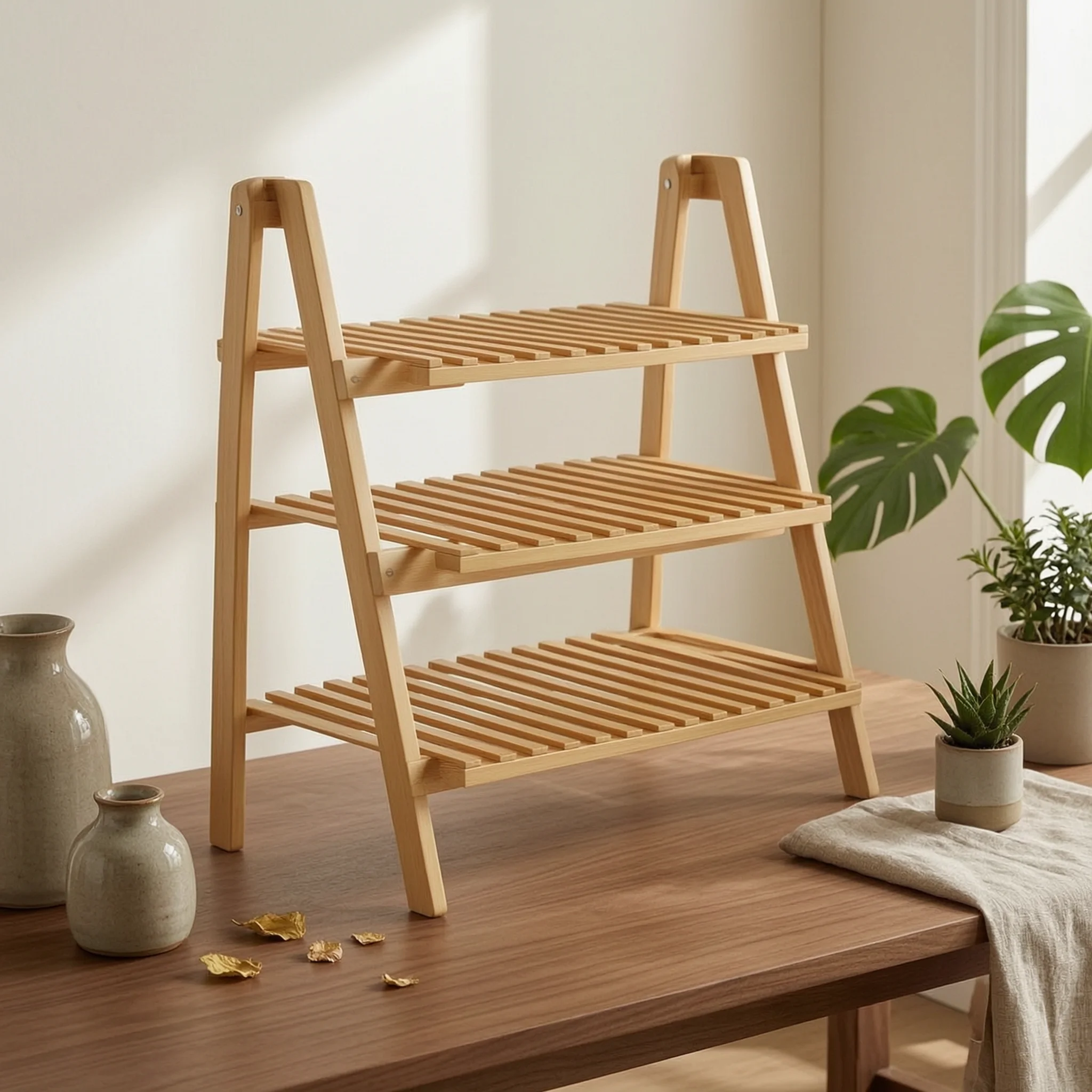 Folding Plant Stand Freestanding Flower Pot Display Shelf Planter Holder Slatted Shelving Unit Space-Saving for Gardeners