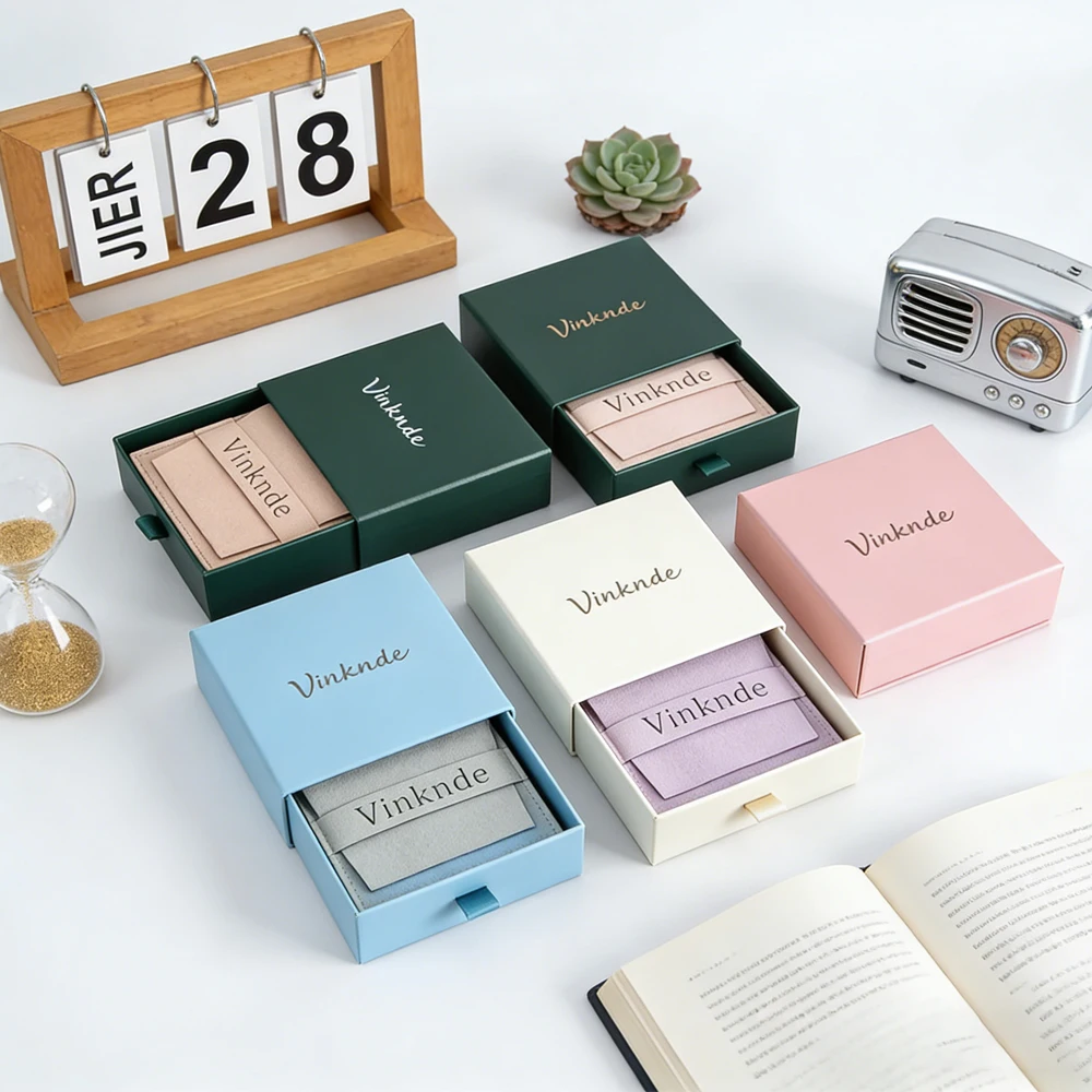 

Custom Logo Green Slide Drawer Box Paper Jewelry Packaging Boxes with Suede Microfiber Envelope Pouch Wedding Party Gift Case
