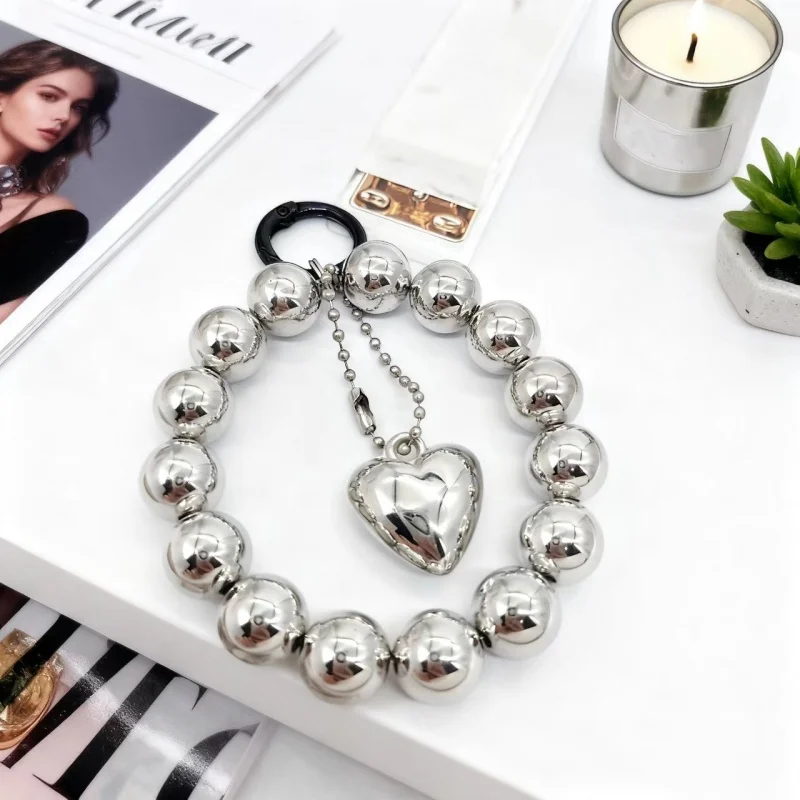 Love Silver Bead Handheld Chain Wrist Short Hanging Rope with Clip Phone Case Keychain Bag Pendant Female Trendy