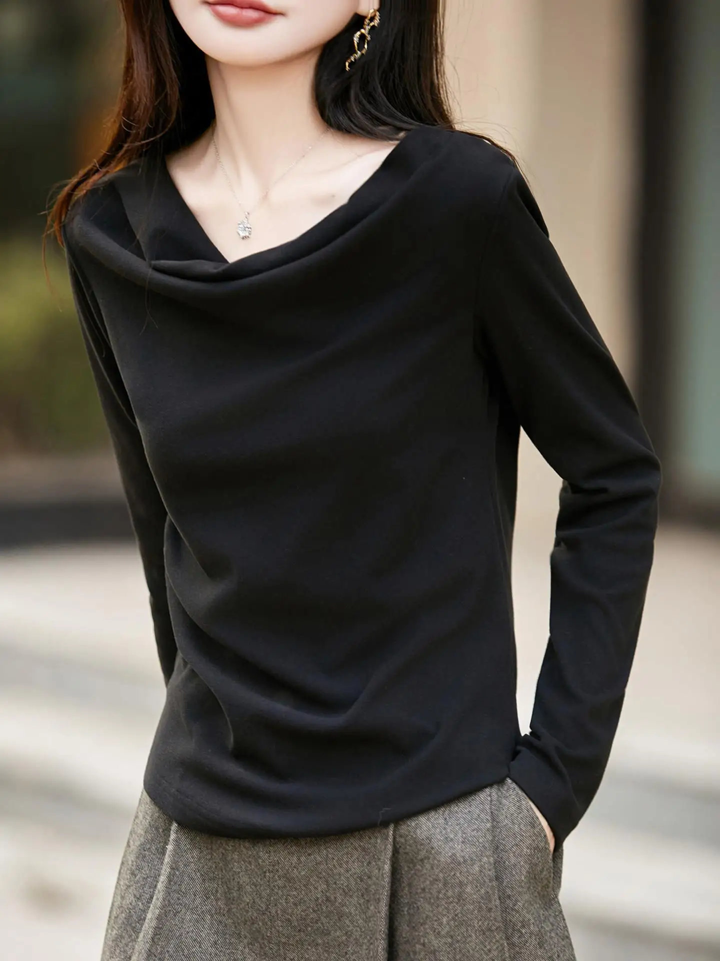 Elegant Autumn Winter Long Sleeve T-Shirt Pure Color Double-sided Velvet Base Shirt Atmosphere Sensation High-End Feeling