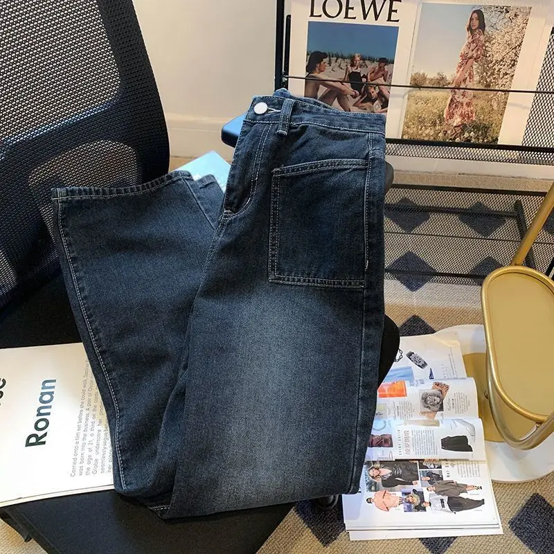 Chic High Waist Jeans Women Loose Fit Wide Leg Straight Pants Large Pocket Floor Length Casual Comfortable Stretchy Denim