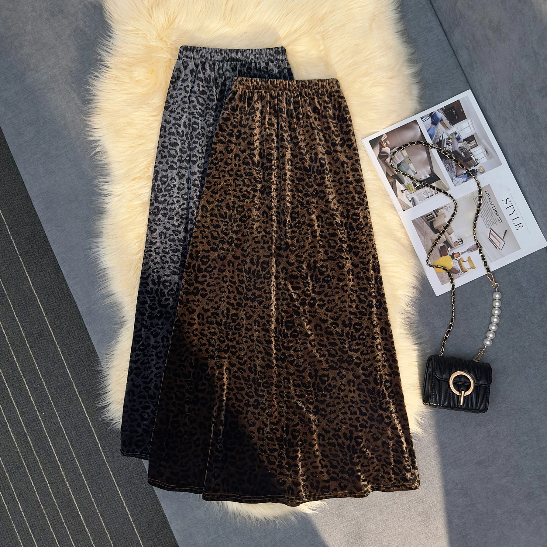 

Autumn Winter Leopard Print Party Velvet Skirt Women Retro Elastic High Waisted Big Swing Trumpet Mermaid Long Skirt