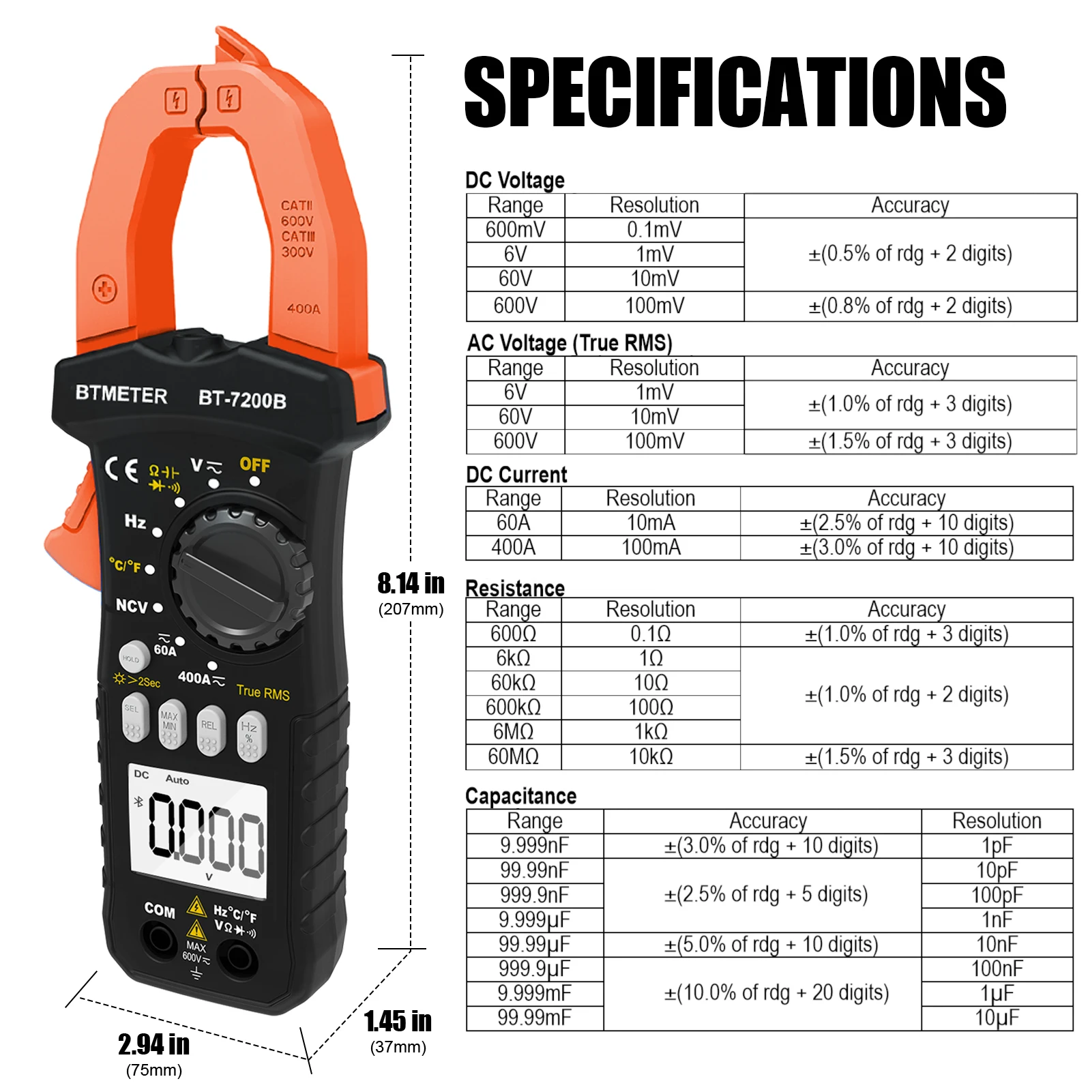 BT-7200B Digital Clamp Meter AC DC Current Volt Amp Ohm Multimeter Cap TRMS NCV Tester measure AC/DC voltage, AC/DC current