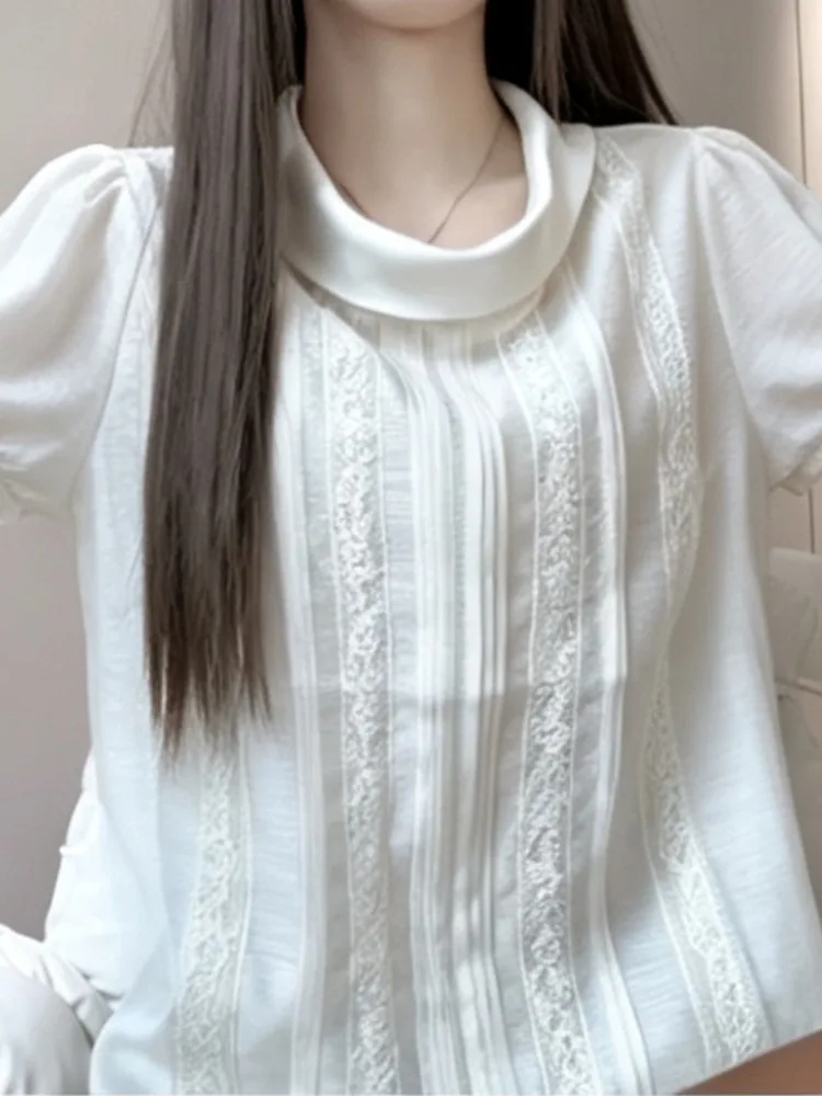 

French Style Loose Fit Short Sleeve Lace Shirt Women's Summer Thin Heavy Embroidery Breathable Cotton Lyocell Blend Top