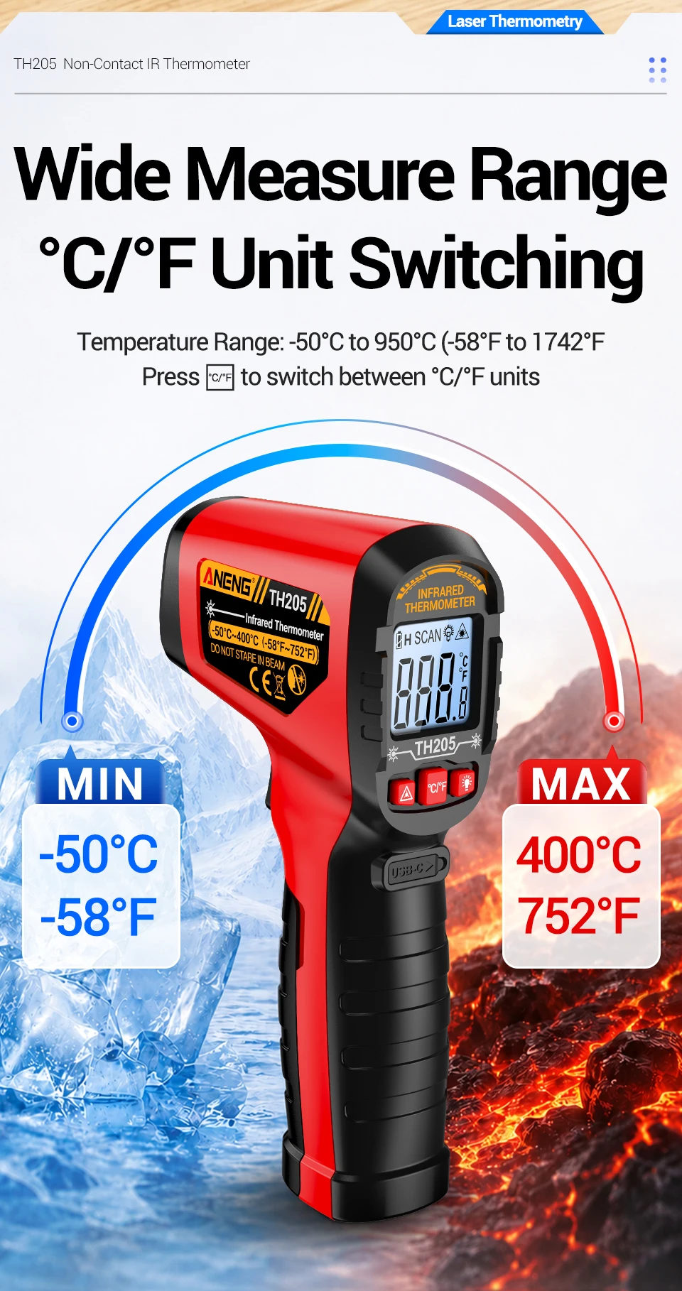 Infrarot-Thermometer ANENG TH205 Berührungslose Laser-Temperaturmessung -50 bis 400 ℃ IR-Temperaturmesser 12:1 D:S-Verhältnis für Industrielle HLK-Anlagen – Detail 10