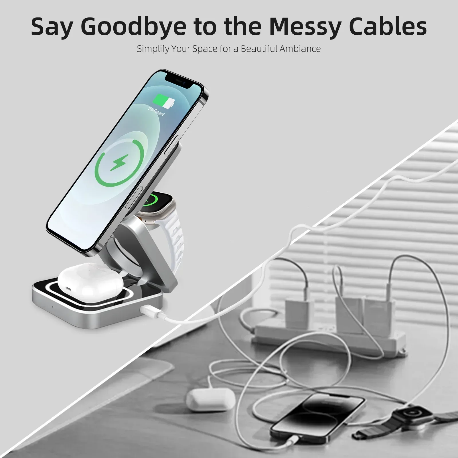 Travel Magnetic Wireless Charging Station 3 in 1 for IPhone 15 14 13 12 Pro/Max,Apple Watch 8, AirPods 3/2,Foldable Phone Hold
