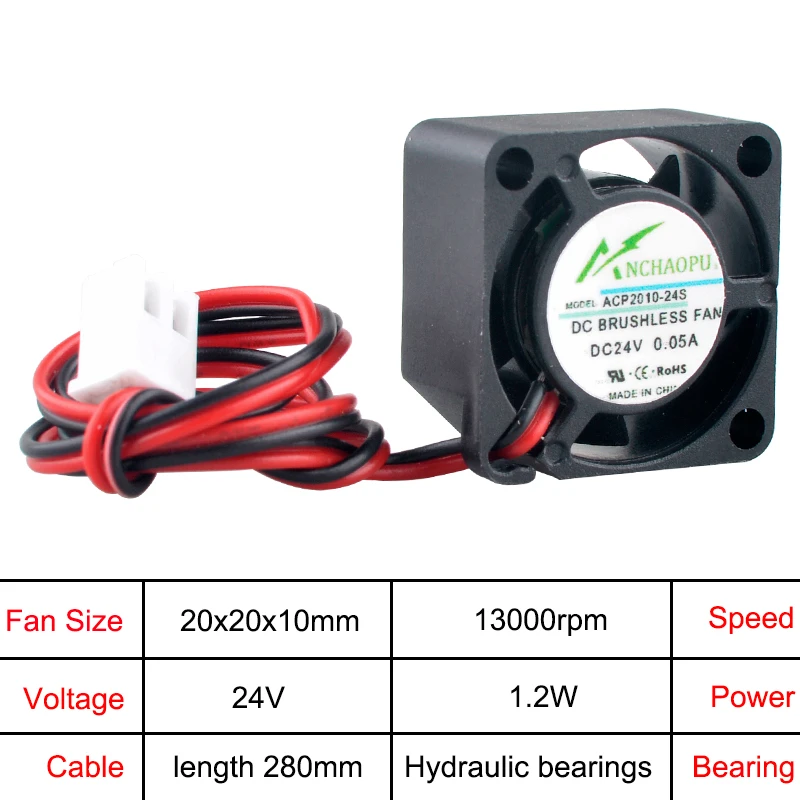 Mikro wentylator chłodzący ACP2010 2cm 20mm 20x20x10mm DC5V 12V 24V 0.10A 2-pinowy do drukarki, zasilacza, Raspberry Pi — zdjęcie produktu 6