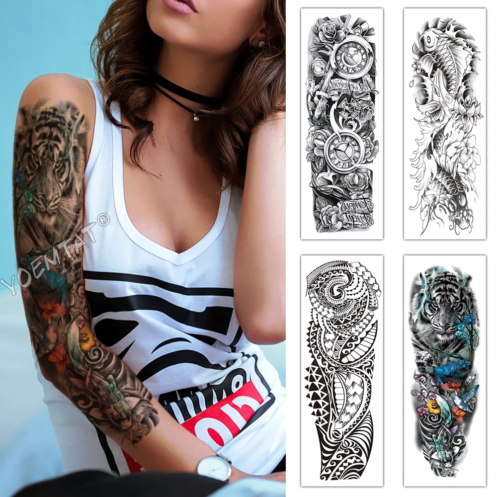 Large Full Arm Sleeve Waterproof Temporary Tattoo Sticker Clock Rose Flower Gothic Text Carp Totem Fake Tatoo Body Art Men Women