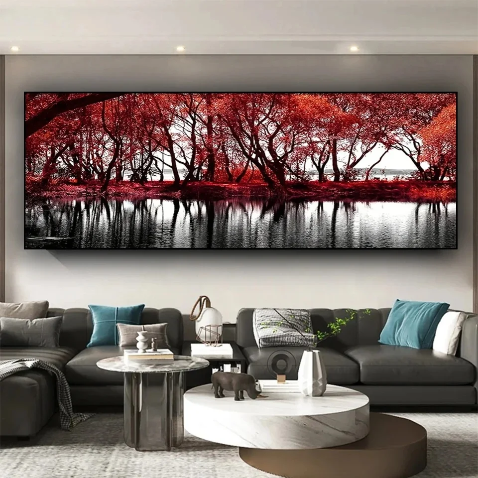 Black and White Red Autumn Tree Forest Diamond Painting New DIY Full Lake Fall Landscape Diamond Mosaic Picture Of Rhinestone