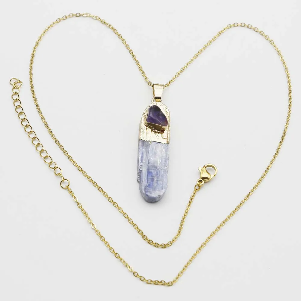 Natural Stone Blue Crystal Strip Electroplating Gold Irregular Amethyst Pendant Stainless Steel Chain Necklace Jewelry Gift 4PCS
