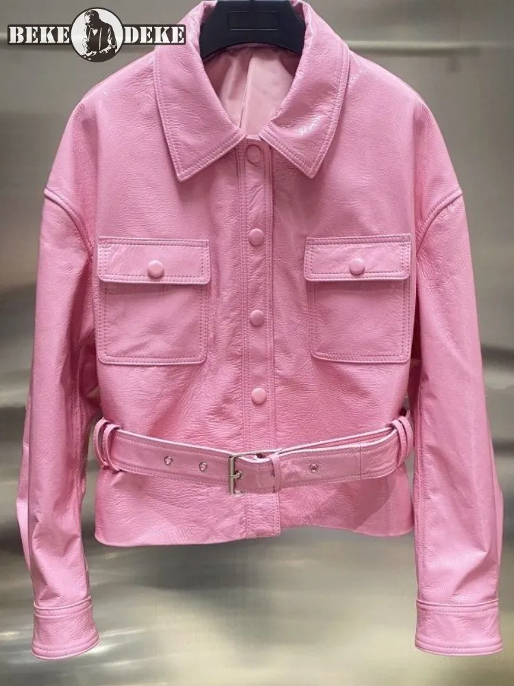 

Sweet Lady из натуральной кожи с длинными рукавами и пряжкой на ремешке, однотонная короткая куртка из овчины с карманом, однобортное свободное пальто