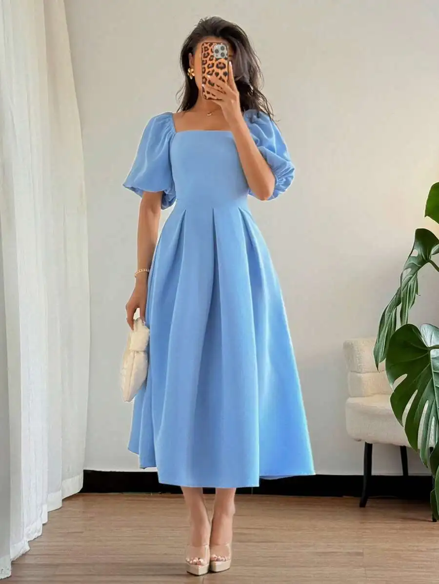 

Light Blue Square Neck Puff Sleeve A-Line Midi Dress for Spring Summer