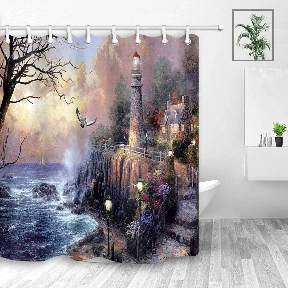 Lighthouse Shower Curtains Set,Painting Lighthouse by Ocean Coast with Wooden House Polyester Fabric Bathroom Curtain With Hooks