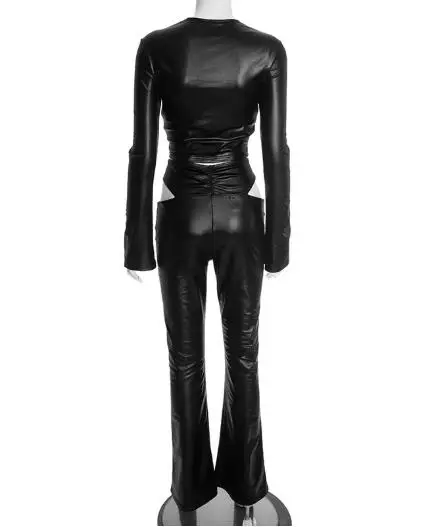 قطعتين مجموعة النساء الزي 2025 ربيع الخريف فو الجلود الرباط مطوي المحاصيل الأعلى و عالية الخصر جوفاء متوهج فستان أطفال مع سروال داخلي