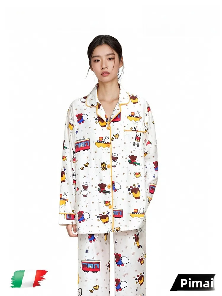 

PinkBread Relaxing Art Women's Long Sleeve Cotton Pajamas Cute Cartoon Home Clothes Spring Autumn Outfit Comfortable Fit