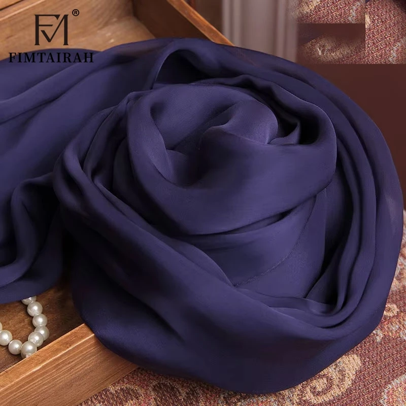 

Темно-синий шарф из 100% натурального шелка для женщин, женские шали и накидки, однотонный фулярд, мягкий элегантный длинный шарф из натурального шелка