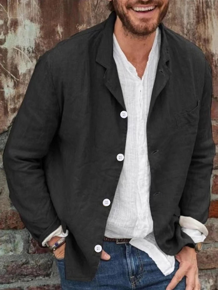 

Мужская простая однотонная хлопково-льняная куртка-стойка с длинными пуговицами све, украшенная верхней одеждой на весну, лето и осень