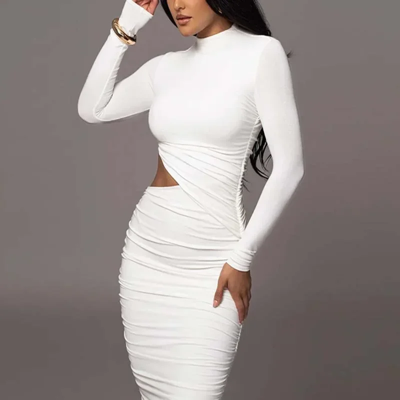 

2024 White Sexy Women's Dresses Fashion Hollow O-Neck Black Long Sleeve Bodycon Slim Midi Office Robe Female Clubwear Party