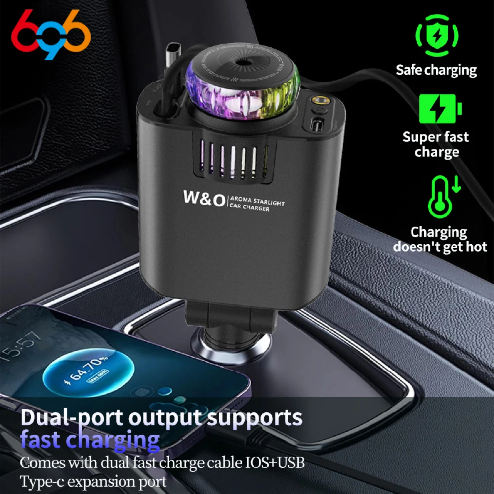 

New 45W Fast Car Charger With USB Port Starry Sky Projector Air Freshener Dual Retractable Charging Cable For Multiple Models