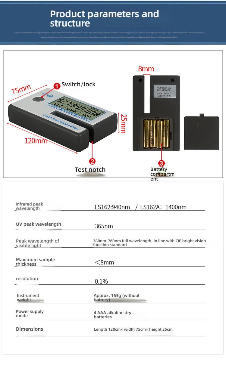 Tint Meter Solar Film Tester LS162A UV 365nm and IR 1400nm VLT Simple Operation