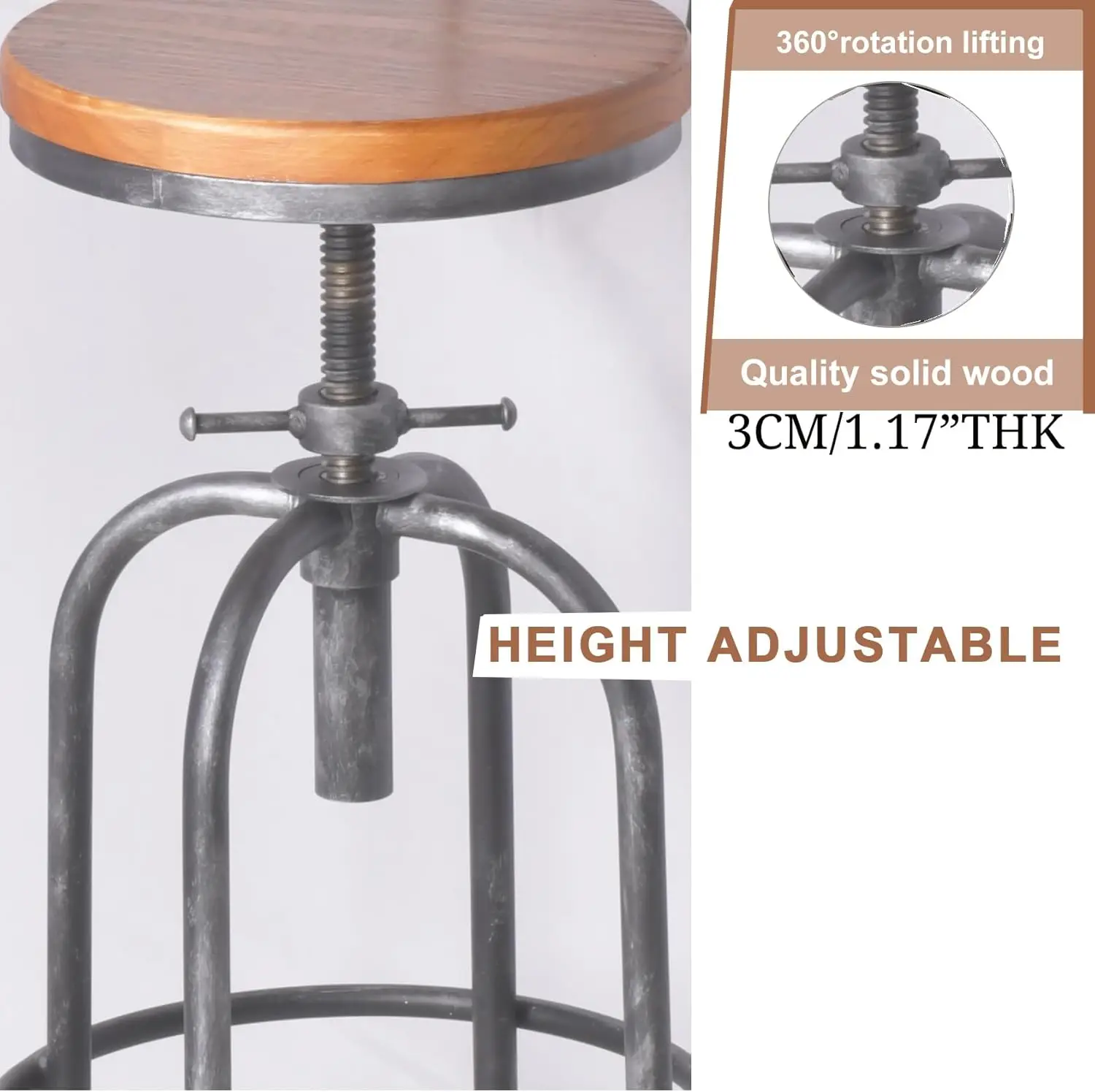 Industrial Bar Stool-Adjustable Swivel Round Wood Metal Kitchen Stool-26-32.3 Inch-Rustic Farmhouse-Counter Height Extra Tall Ba