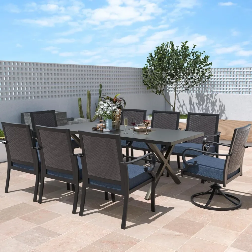 

9 Pieces Dining Sets for 8, Rattan Wicker Chairs & Swivel Chairs, Large Table W/Parasol Hole,Outdoor & Indoor Patio Dinging Set