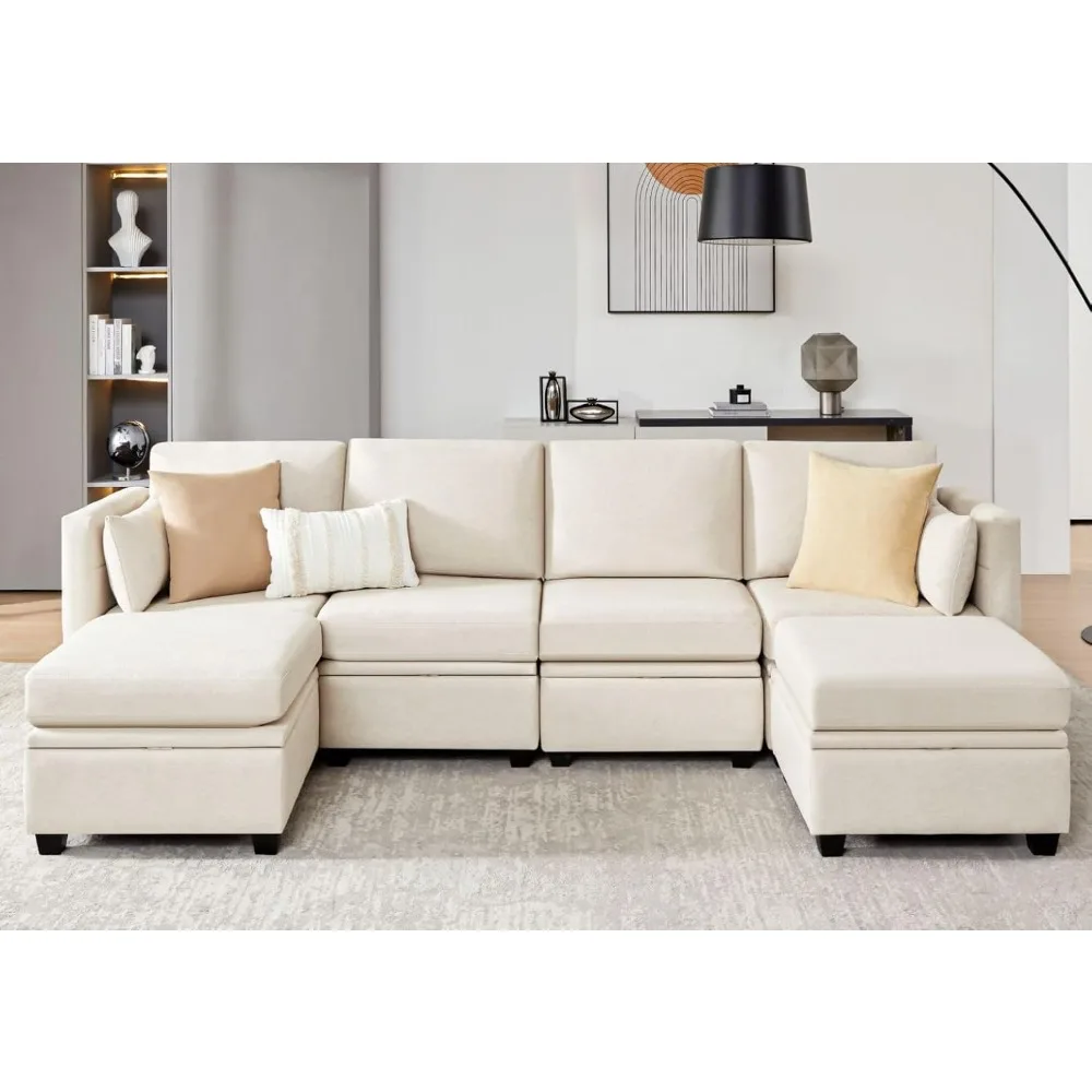 

Modular Sectional Sofa with Storage, Living Room U-shaped Sectional Sofa, Convertible Modular Sofa with Footstool, 6 Seater