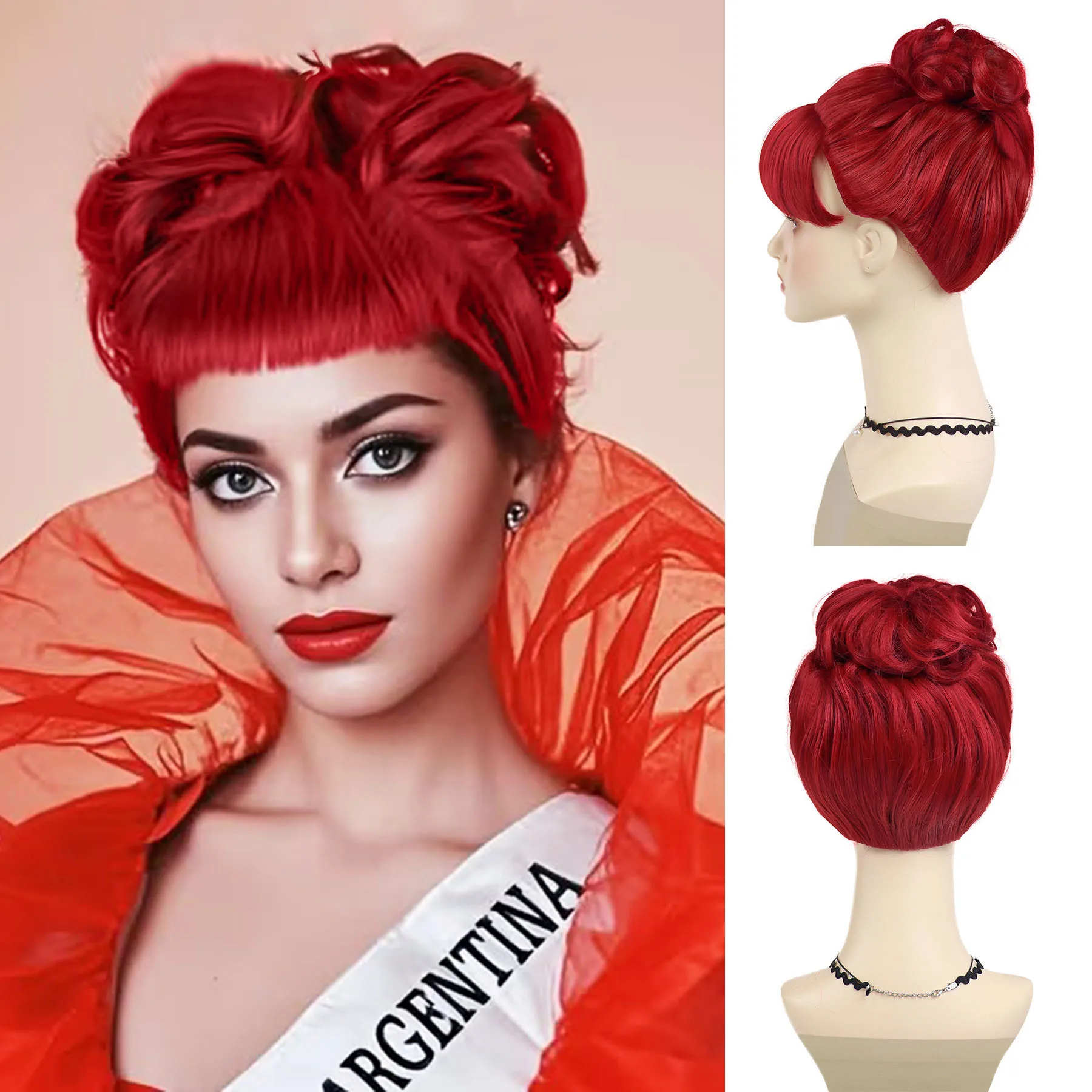 

Синтетический красный короткий кудрявый парик-пучок GNIMEGIL для женщин, парик для косплея с челкой, красный парик для девочек на Хэллоуин, парик для дрэг-квин
