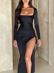 Mozision-vestido largo con cuello cuadrado y abertura alta para mujer, prenda de manga larga con cordón, Bodycon Sexy para fiesta y Club, Otoño, 2023