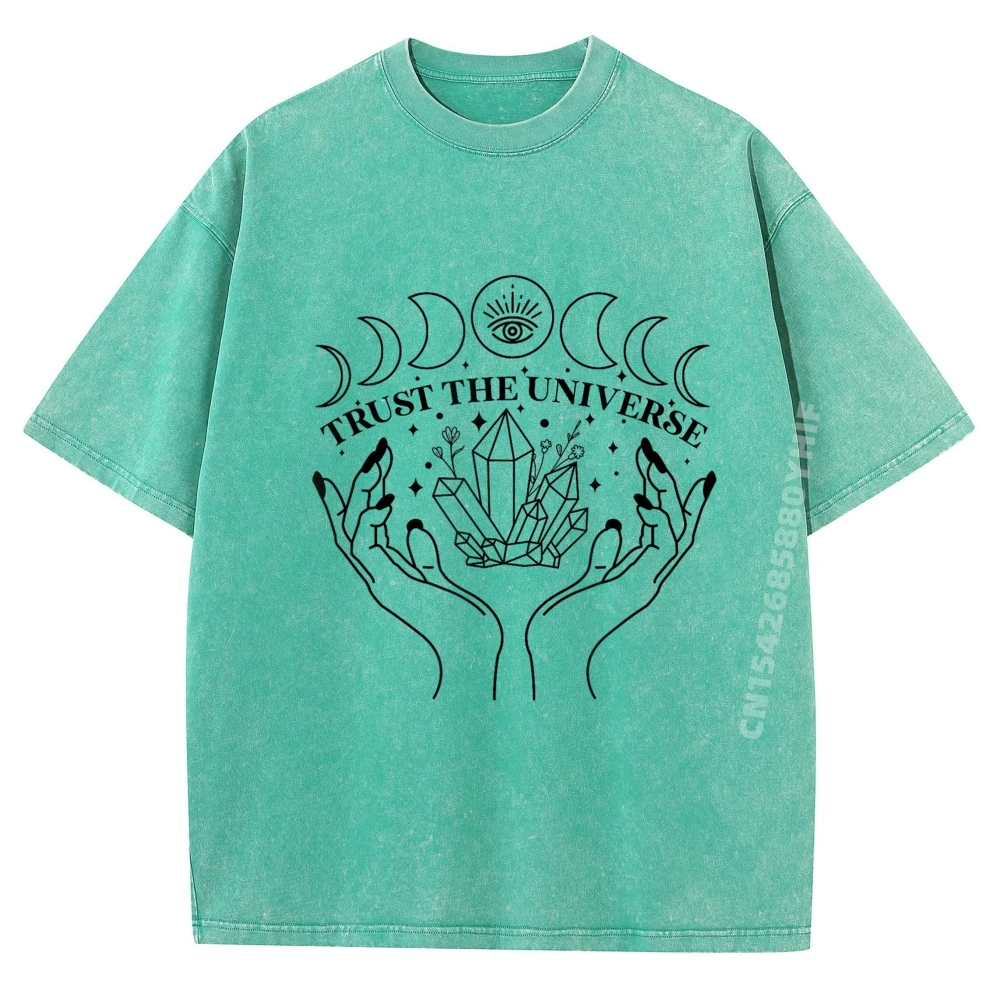 

Sun Moon Trust The Universe Positive Self Care Простая рубашка с принтом Мужская футболка для отдыха Washed Camisa