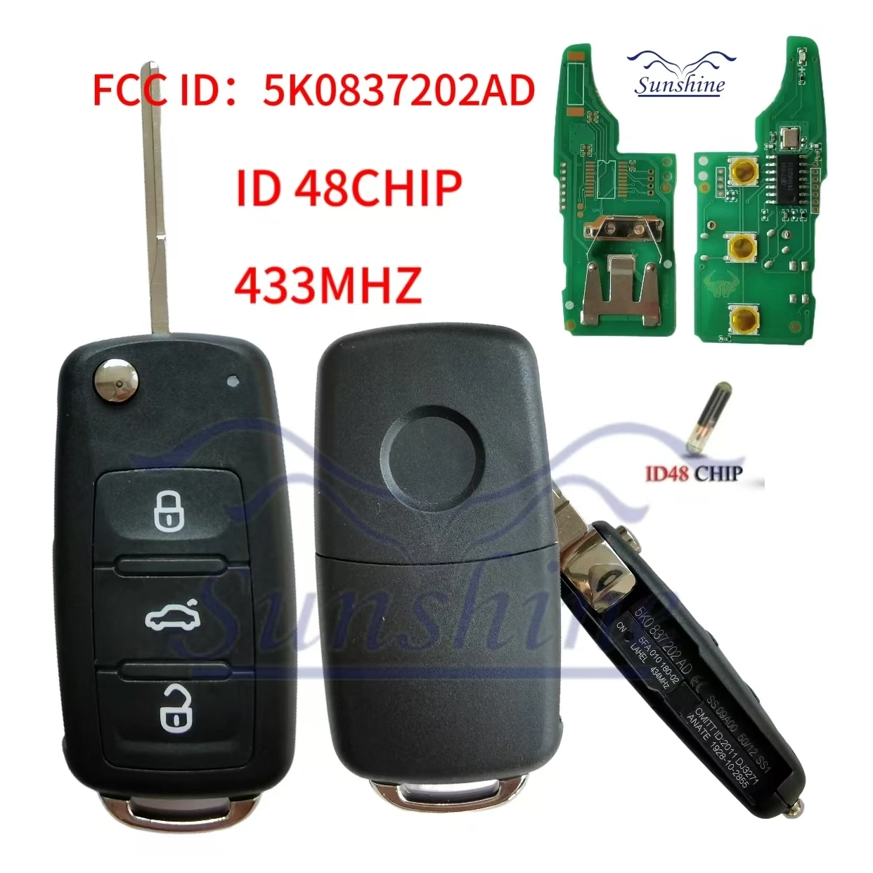 Sunshine 5K0 837 202AD 433 ID48 Chip 3 Button Remote Flip Key For VW Volkswagen Beetle Caddy Eos Golf Jetta Polo Scirocco Tiguan